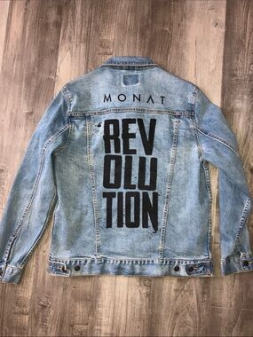 MONAT REVOLUTION Denim Jacket Black Graphic.Size Medium Logo with pockets.